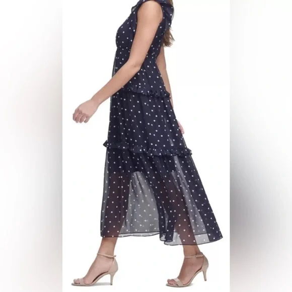 Women's Tommy Hilfiger Sleeveless Ruffled Tiered Polka Dot Maxi Dress Sz 4 navy - Picture 4 of 4